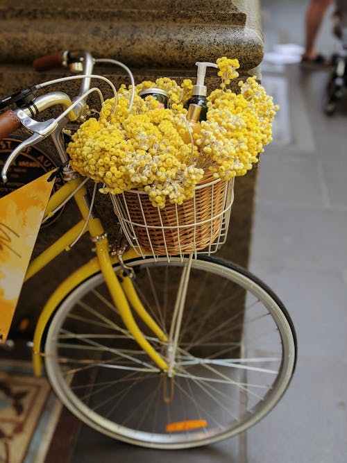 Желтые цветы в коричневой плетеной корзине на велосипеде