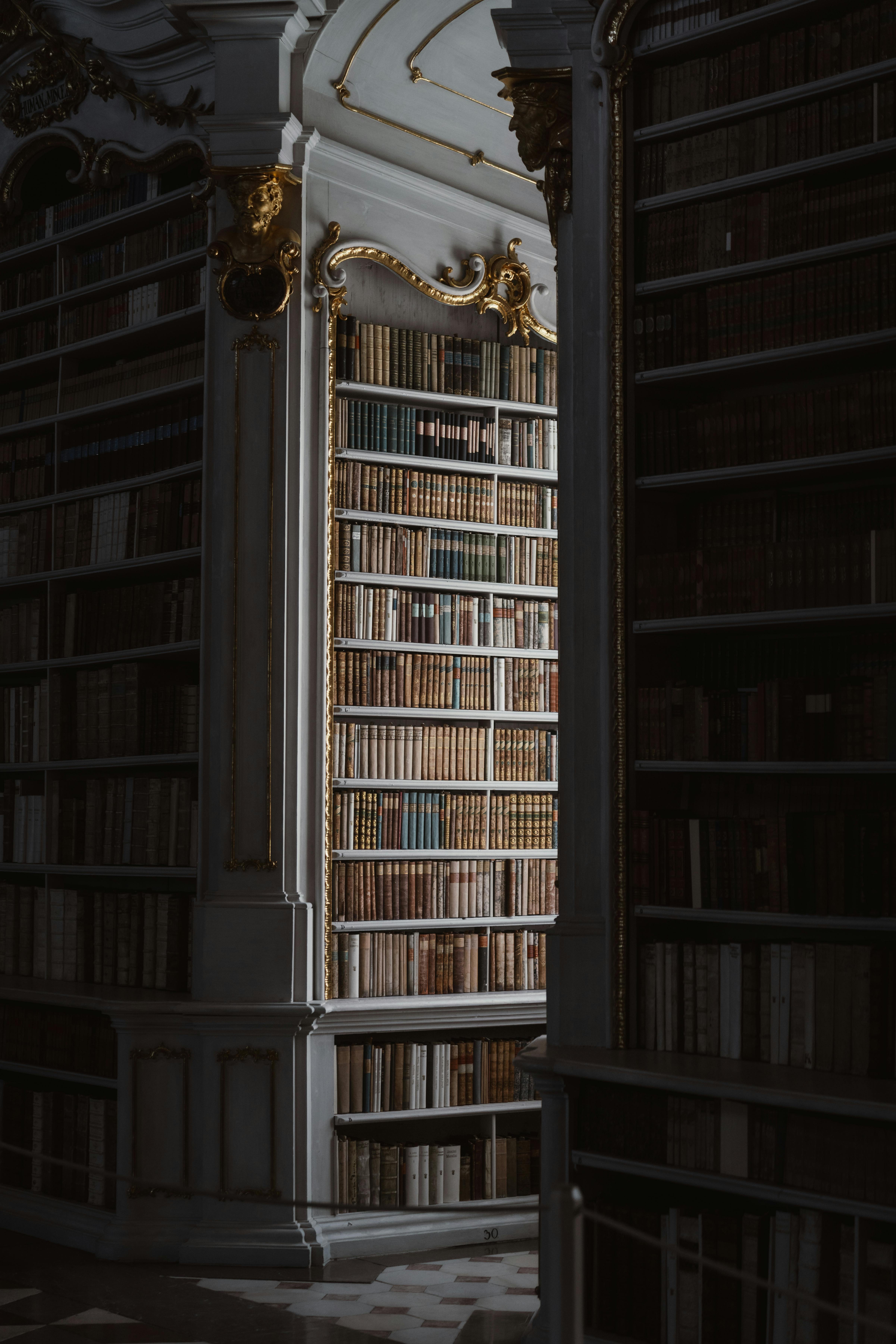 grátis Uma vista lindamente iluminada de uma biblioteca antiga com detalhes em dourado e livros raros. Foto profissional