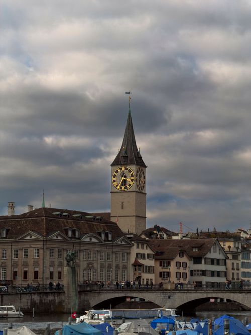 Free St. Peter's Church tower with iconic clock face in Zurich, Switzerland. Stock Photo