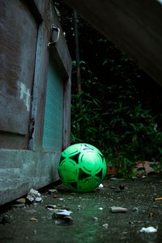 A vibrant green soccer ball against a rustic doorstep surrounded by greenery.