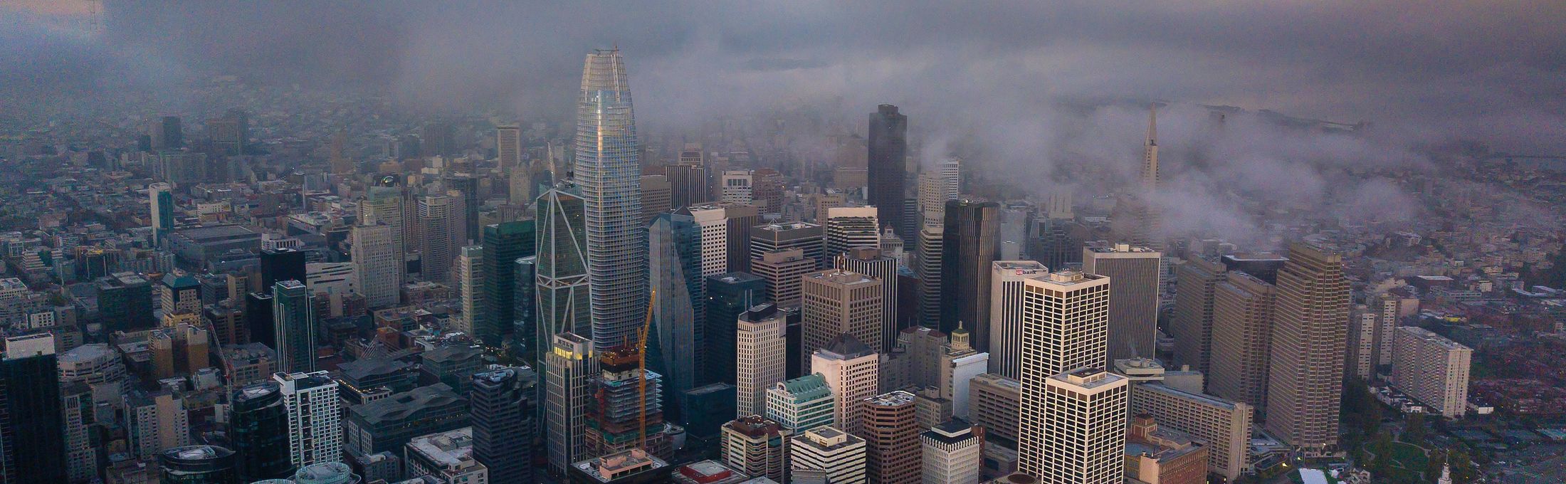 Fog moving over the San Francisco skyline at dusk.