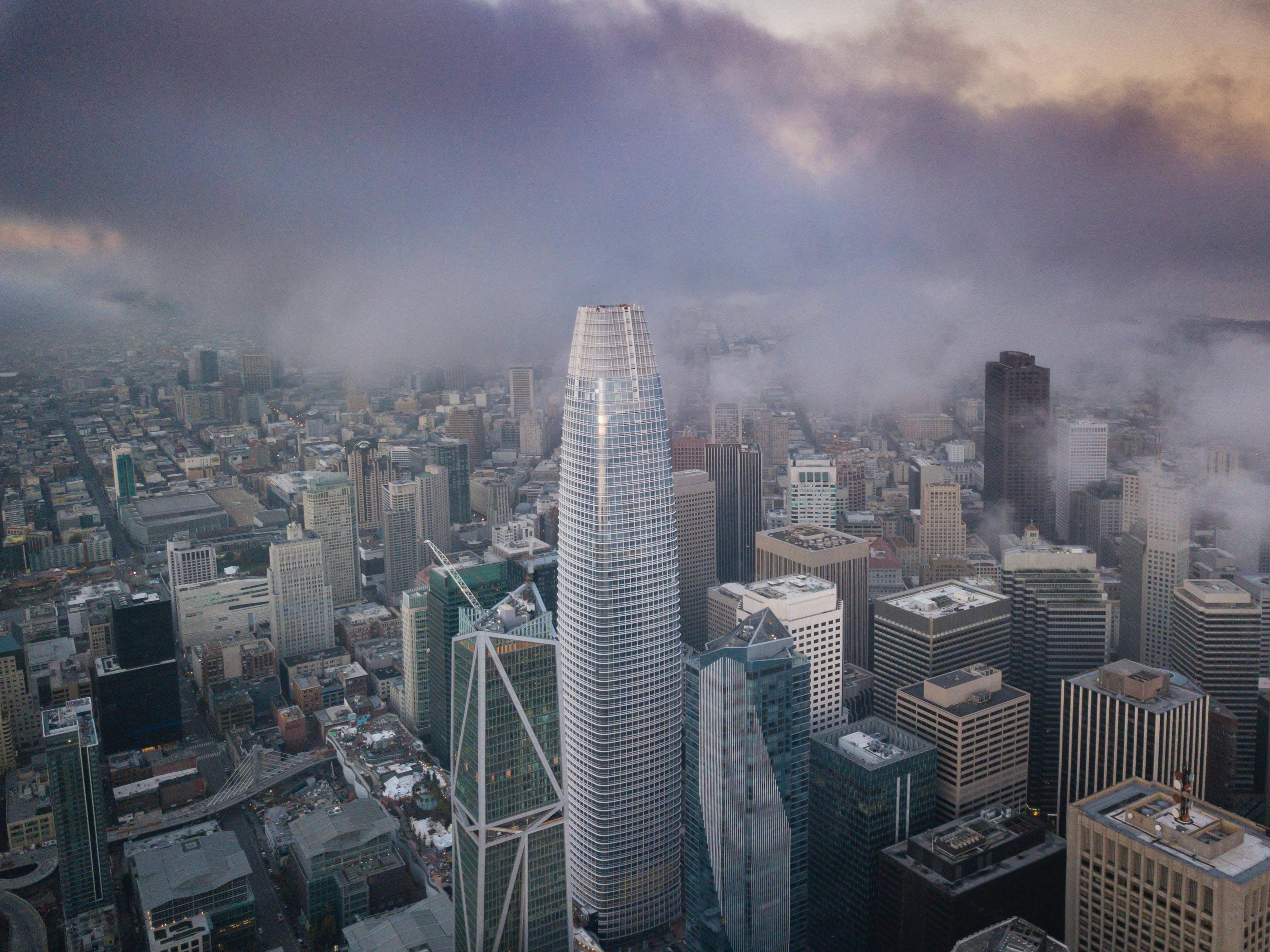 Aerial View of Downtown San Francisco Skyline at Twilight