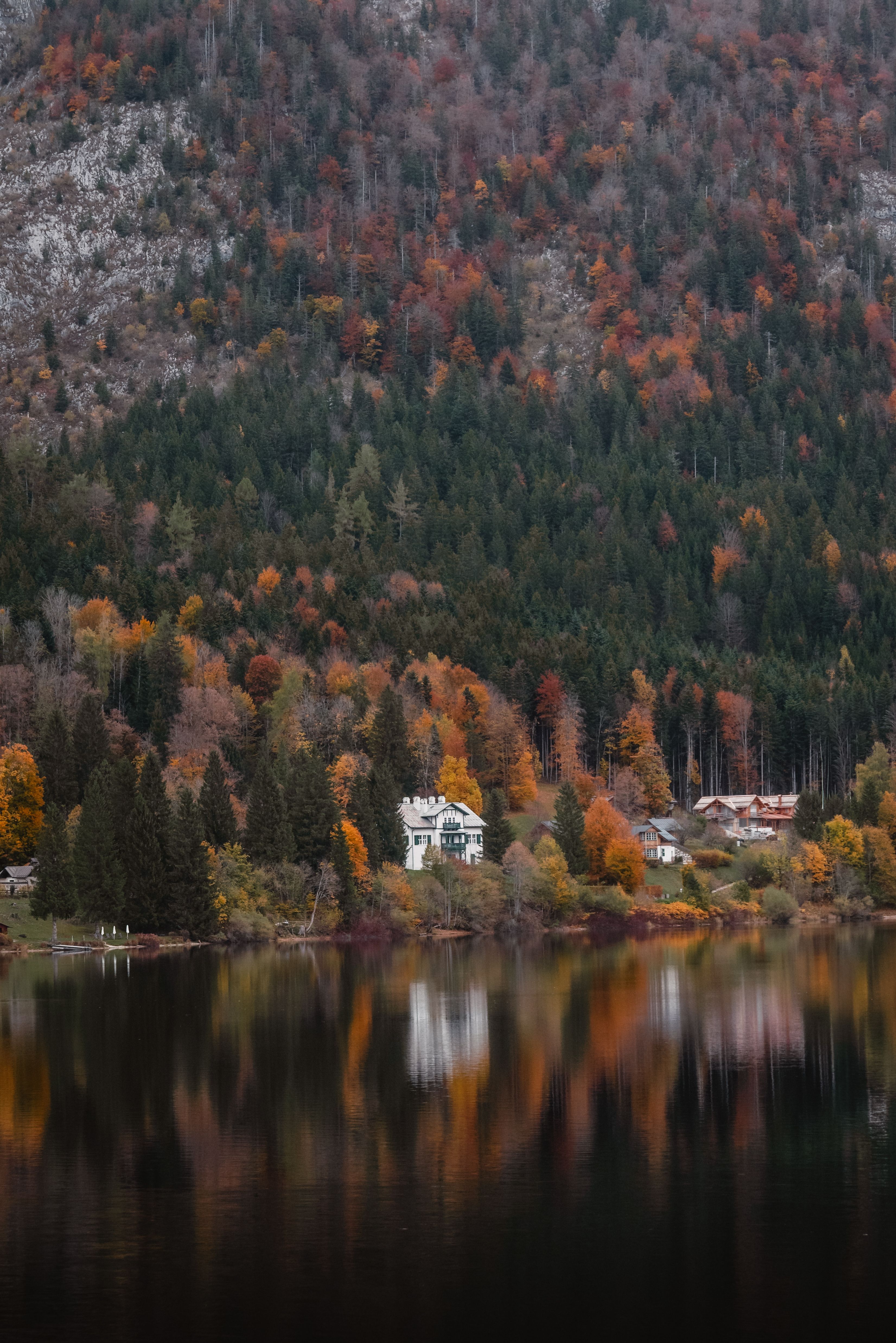 Tranquil autumn lakeside scene with colorful foliage and distant mountains reflecting on the water.