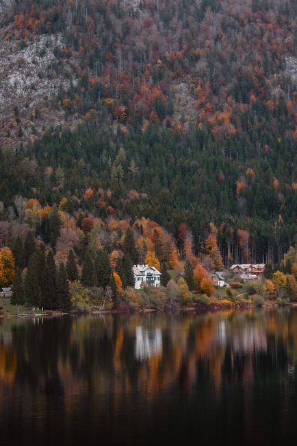 Tranquil autumn lakeside scene with colorful foliage and distant mountains reflecting on the water.
