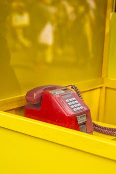 A bright red vintage telephone in a vibrant yellow phone booth in Mumbai, India.