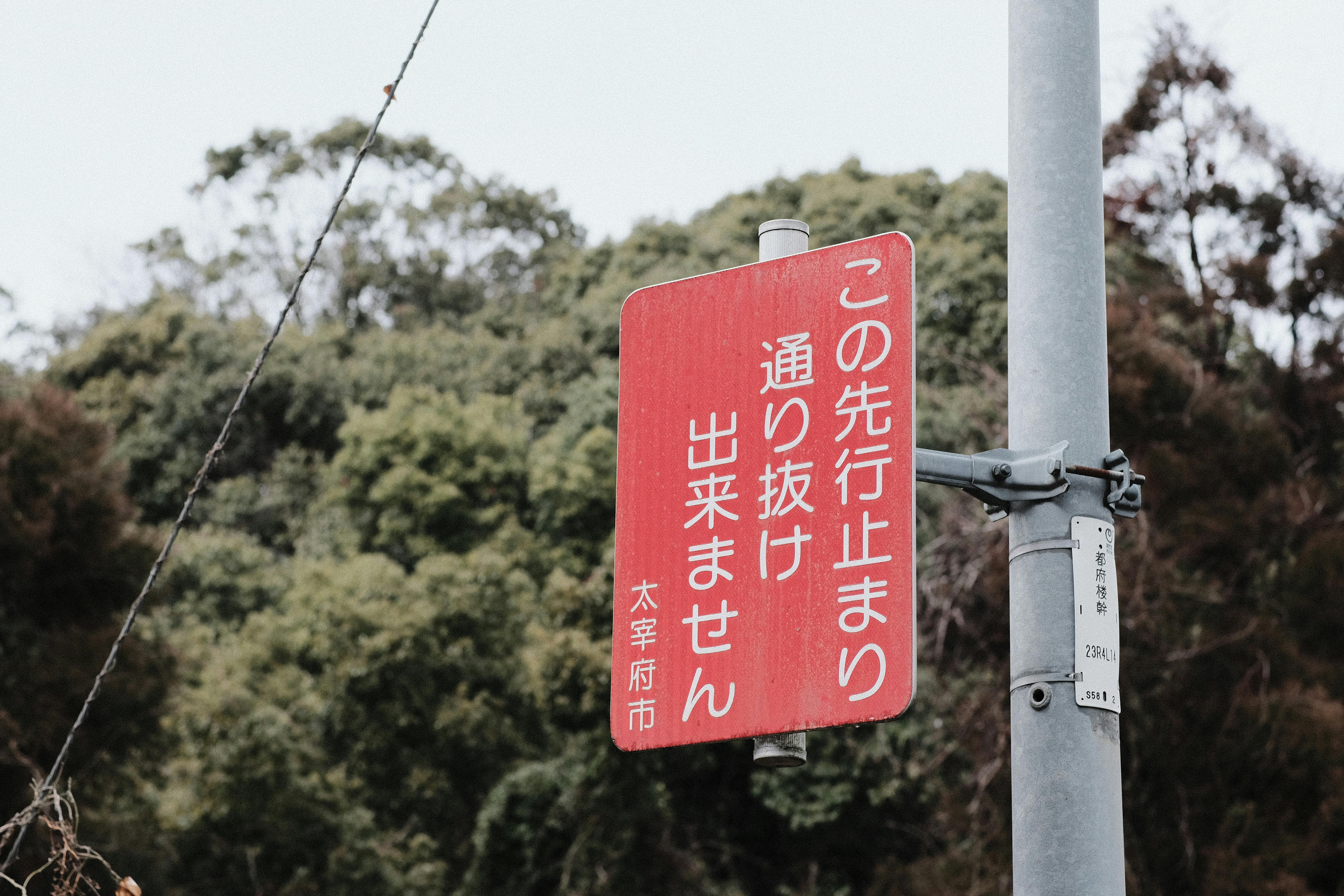 Безкоштовне Червоний дорожній знак на тлі лісу у Фукуоці, Японія, що зображує повідомлення про заборону руху по дорозі. стокове фото