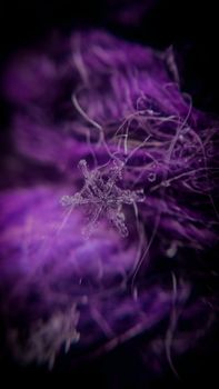 Close-up of an intricate snowflake resting on a textured purple background.