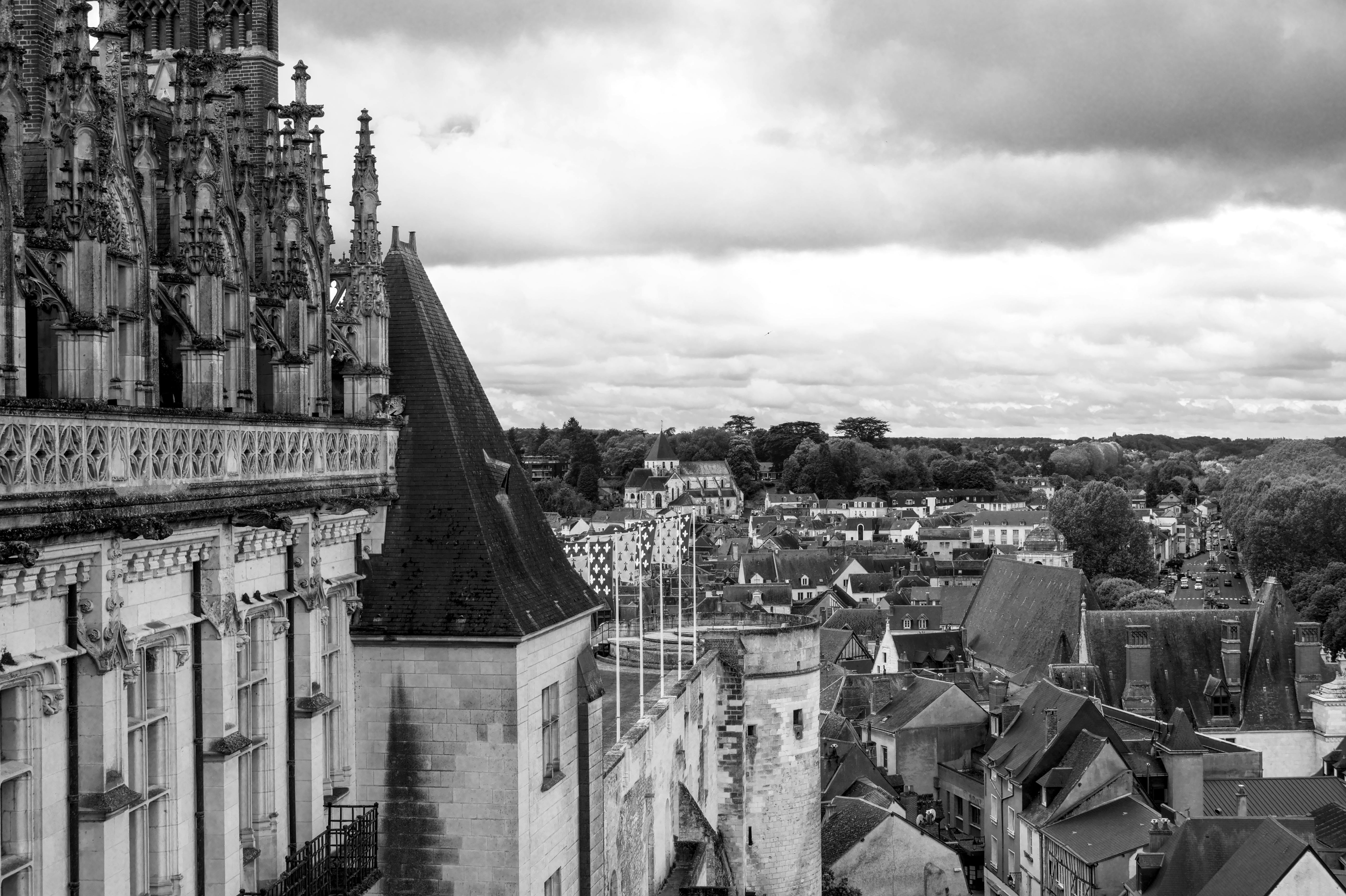A striking black and white photo of Amboise Chateau overlooking the scenic town.