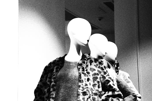 Black and white image of mannequins wearing leopard print coats, emphasizing fashion display.