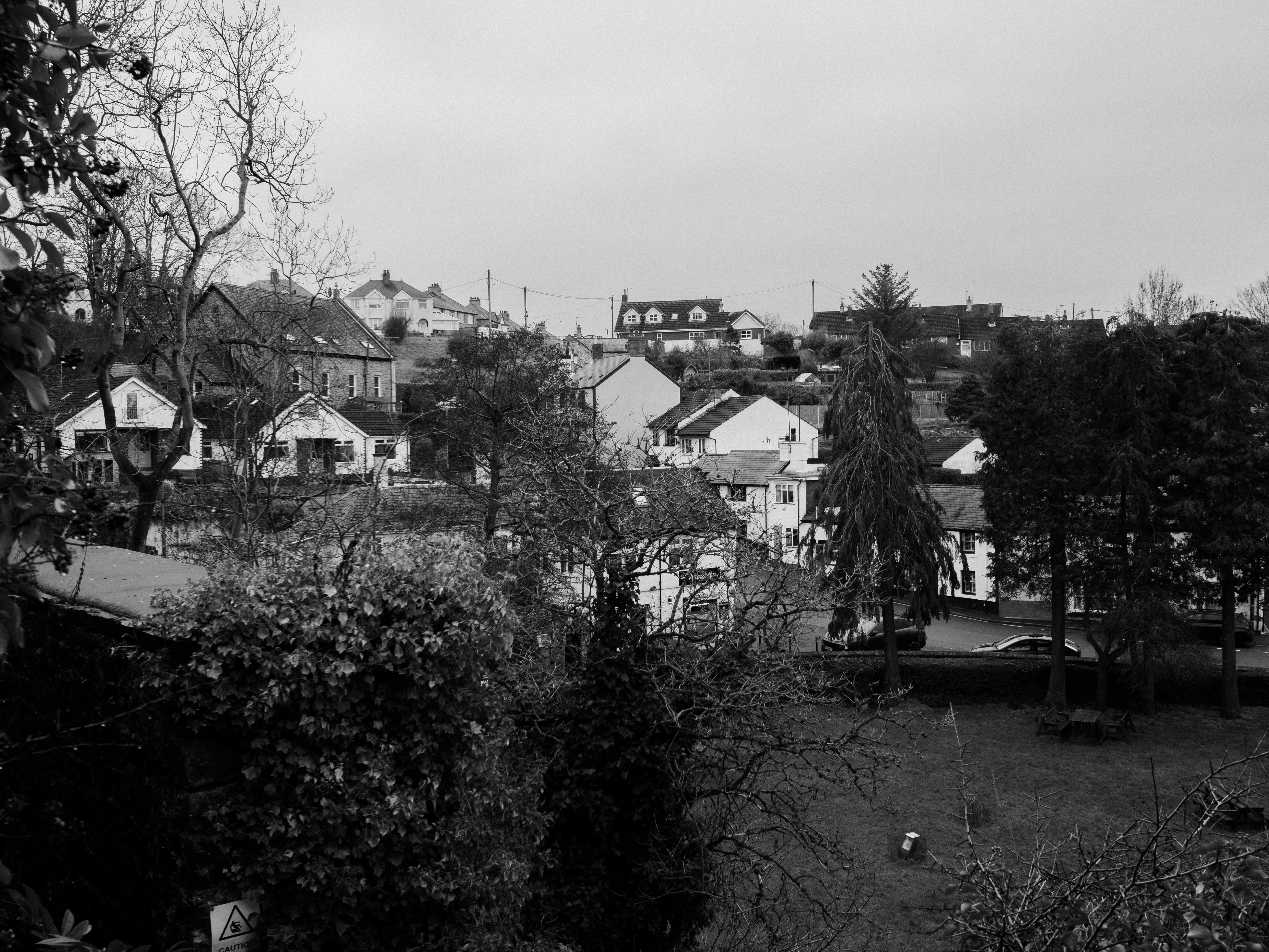 A moody black and white landscape of Dyserth village, Wales, showcasing rooftops and bare trees.