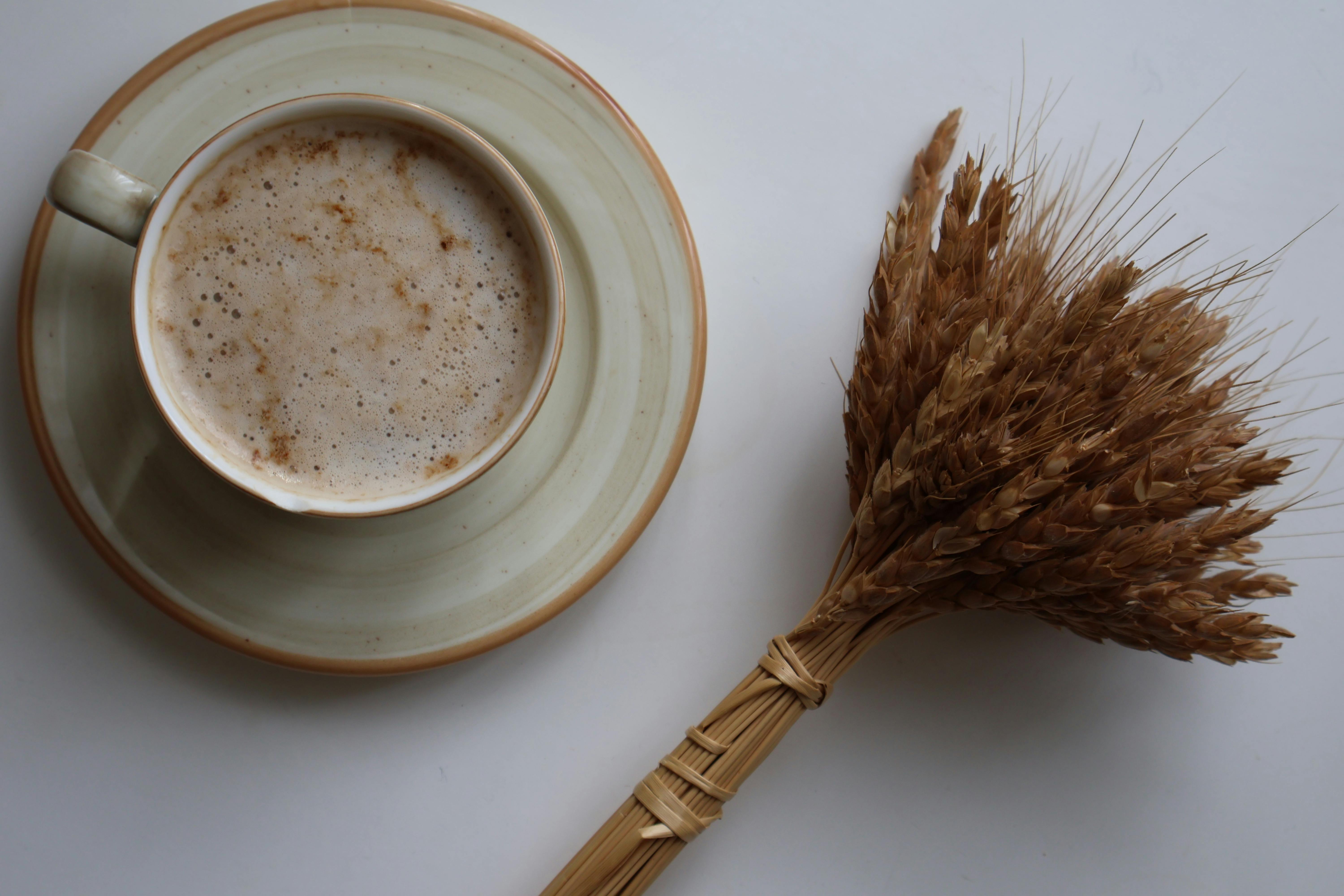 A top-down view of a coffee mug with dried wheat on a white surface, creating a warm and rustic feel.
