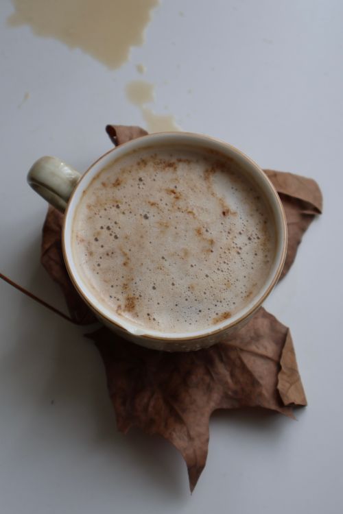 Free A cozy cup of cappuccino sits atop a dried autumn leaf, creating a warm and inviting scene. Stock Photo