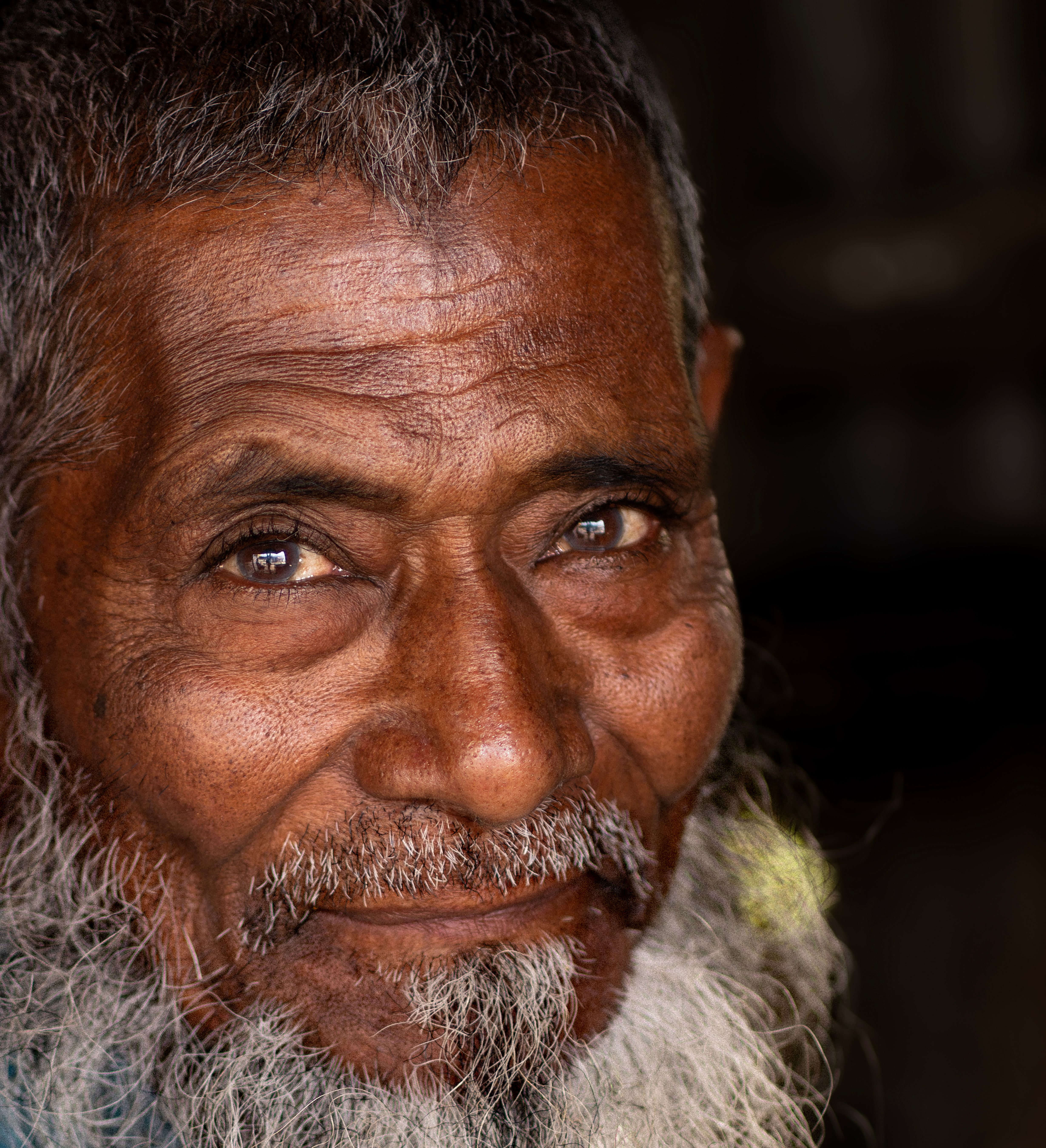 Close-up portrait of an elderly man with a wise expression and a gray beard.