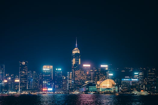 A captivating view of Hong Kong's skyline illuminated against the night sky.
