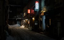 Snowy Nighttime Alley in Kanazawa, Japan