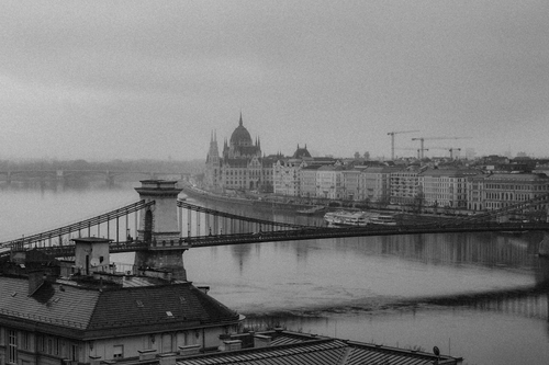 Free Black and white view of Chain Bridge and Hungarian Parliament in misty Budapest. Stock Photo
