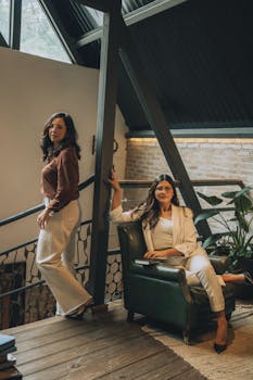 Two women pose confidently in a stylish industrial-designed office space.