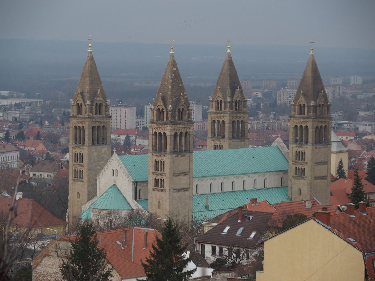 Aerial view of Pecs Cathedral and its four corner towers