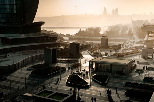 Free A breathtaking aerial view of Baku, Azerbaijan at sunset, highlighting its modern architecture. Stock Photo