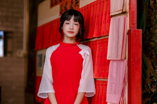 Portrait of a young woman in a red dress standing by red scrolls in an indoor cultural setting.