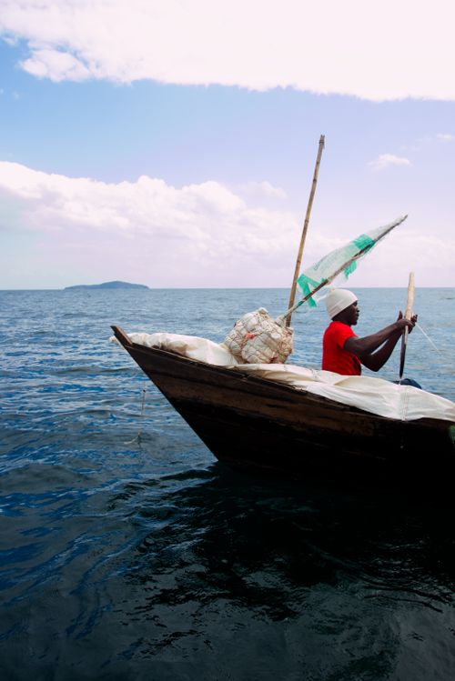 Free A fisherman navigates a traditional fishing boat on the calm waters of Lake Malawi, showcasing local culture. Stock Photo