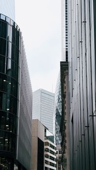 View of modern skyscrapers and The Gherkin in London's financial district.