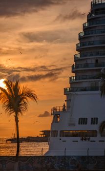 A scenic view of a cruise ship at sunset with a palm tree and ocean backdrop, capturing a tropical vibe.