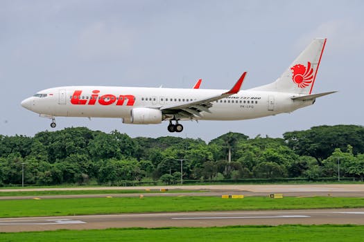 Lion Air Boeing 737 airplane landing on a runway surrounded by greenery.