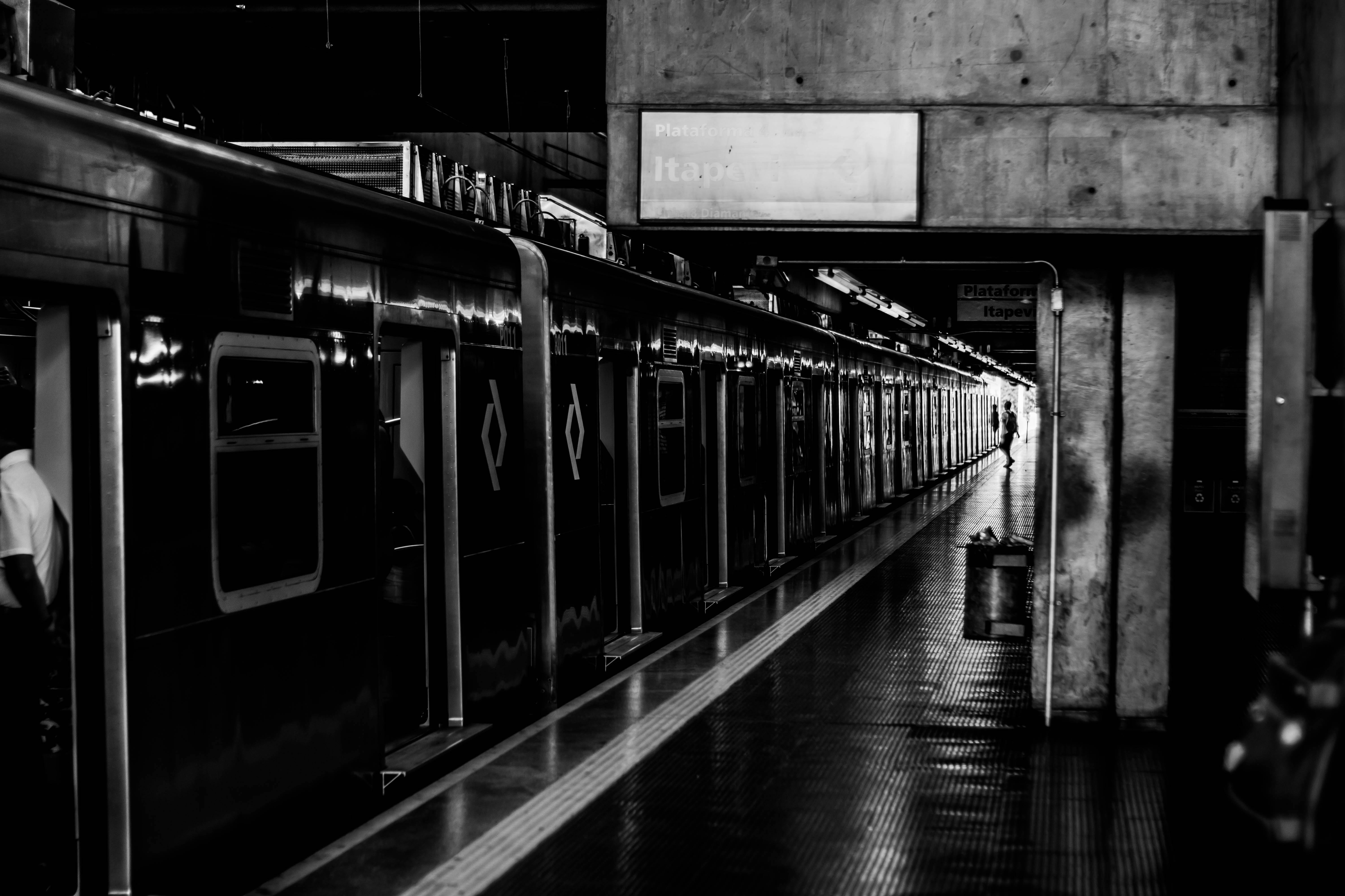 grayscale photography of train station