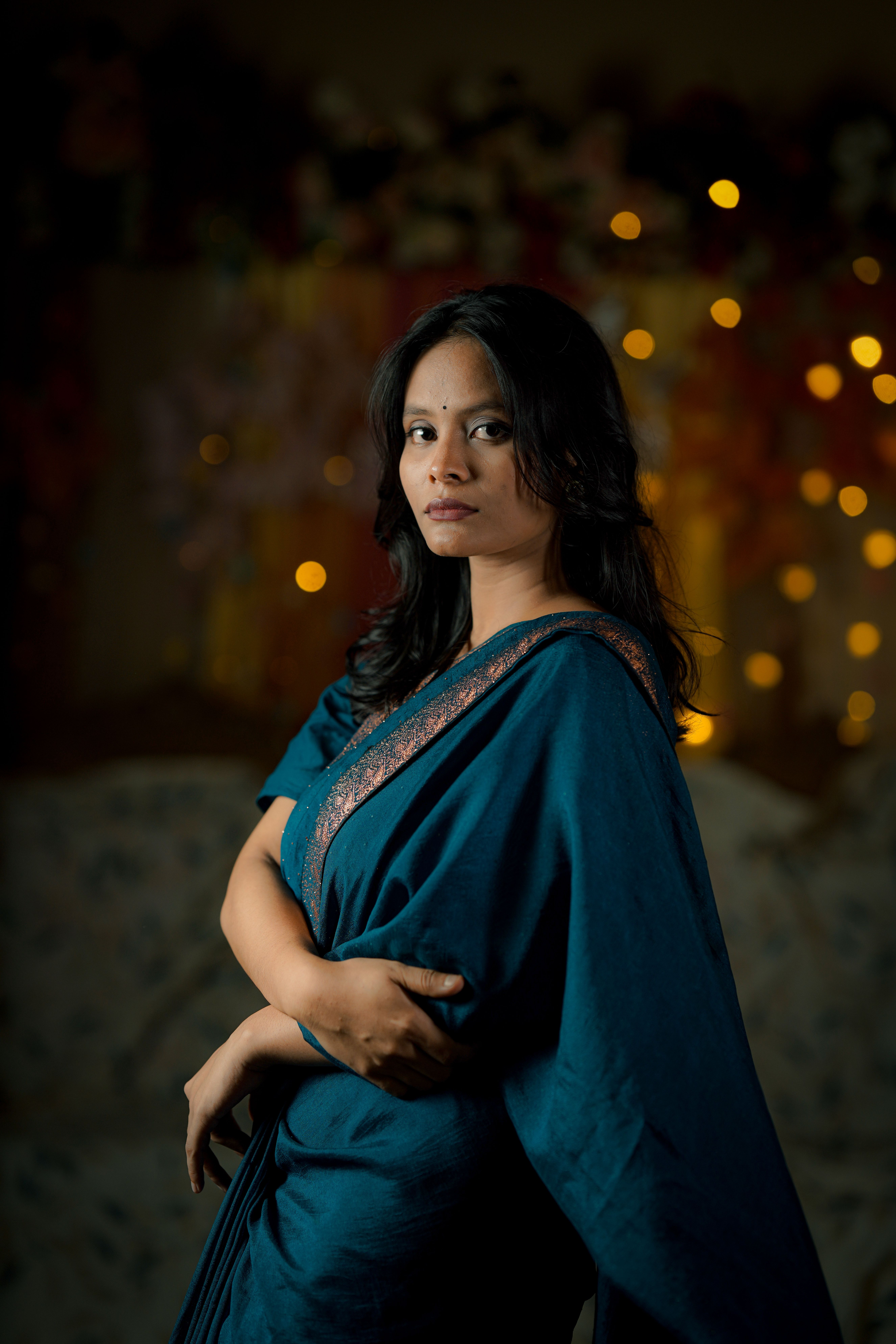 Elegant Portrait of a Woman in Blue Saree · Free Stock Photo
