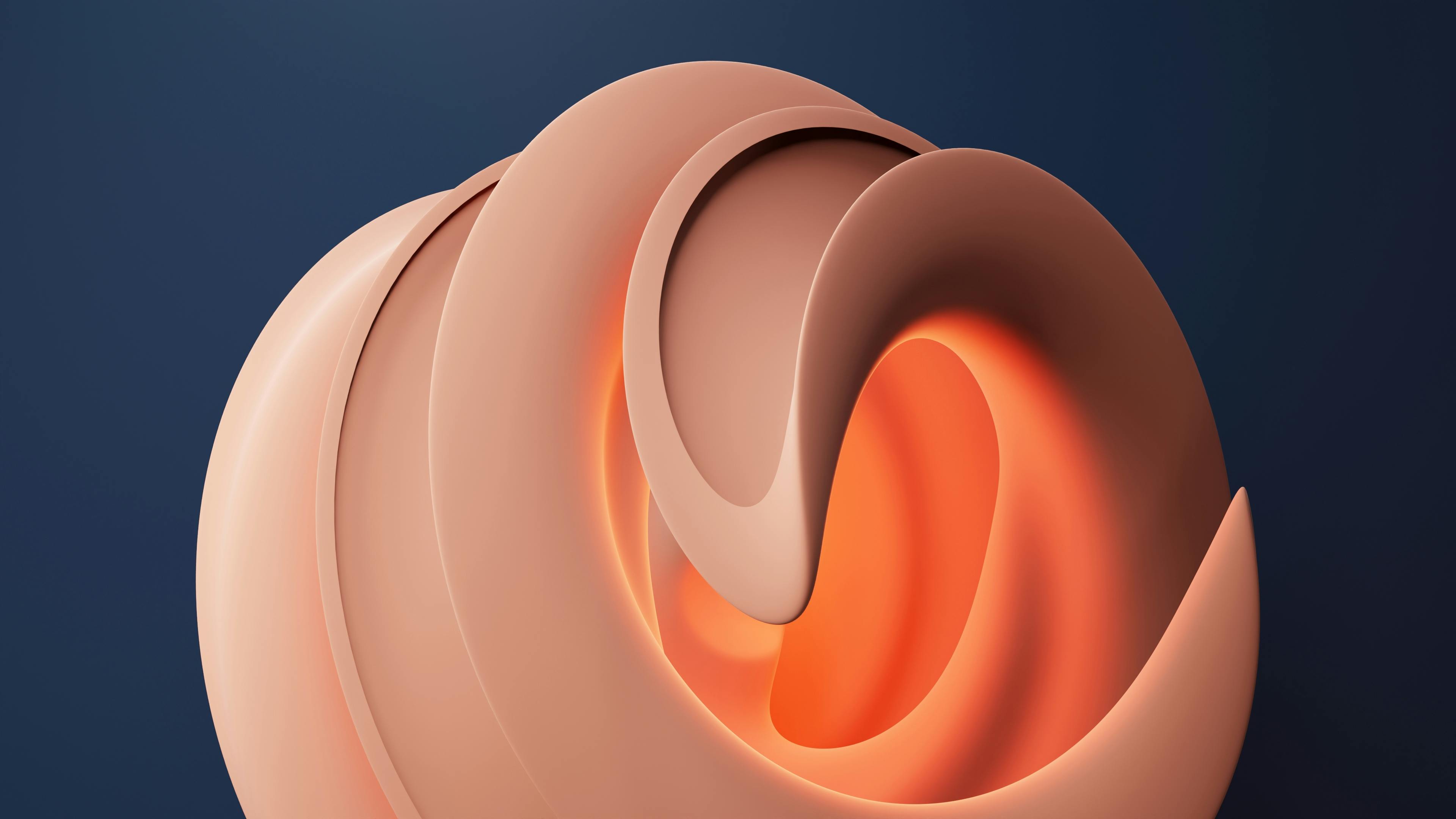 bezplatná 3D vykreslená abstraktní socha s teplou září na tmavém pozadí, moderní design. Základová fotografie