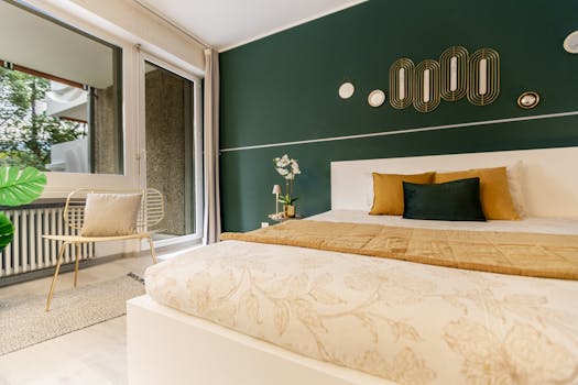 Stylish bedroom featuring a green accent wall, cozy bed, and contemporary decor in natural light.