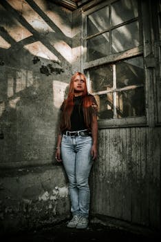 一位红发时尚女子在一座古老的乡村建筑中摆出戏剧性的姿势，灯光与阴影对比鲜明