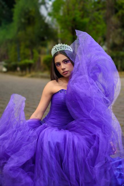 A woman in a flowing purple gown with tiara sits outdoors in Ciudad de México.