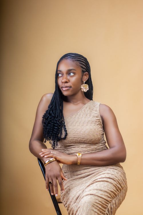 Free Elegant woman with braided hair in a stylish beige dress sitting against a neutral background. Stock Photo