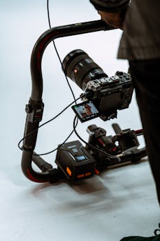 Close-up of a professional camera mounted on a stabilizer gimbal rig, ready for video shooting.