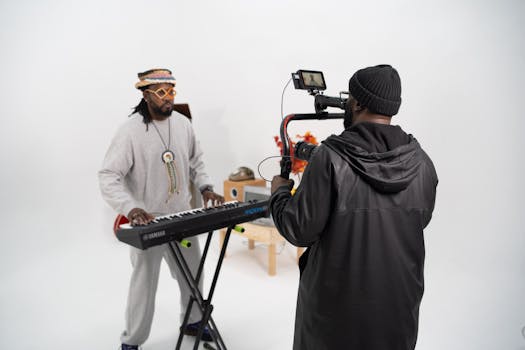 A musician plays a keyboard while a videographer films in a bright studio.