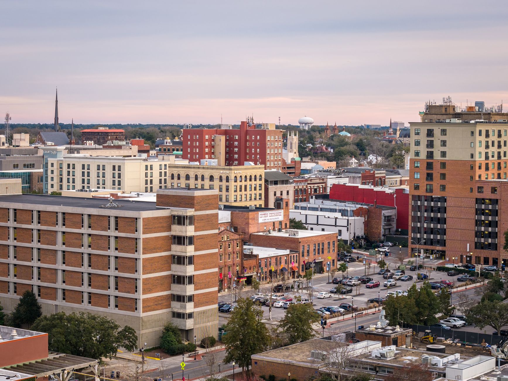 Aerial view of downtown Wilmington, North Carolina, showcasing urban architecture and skyline.