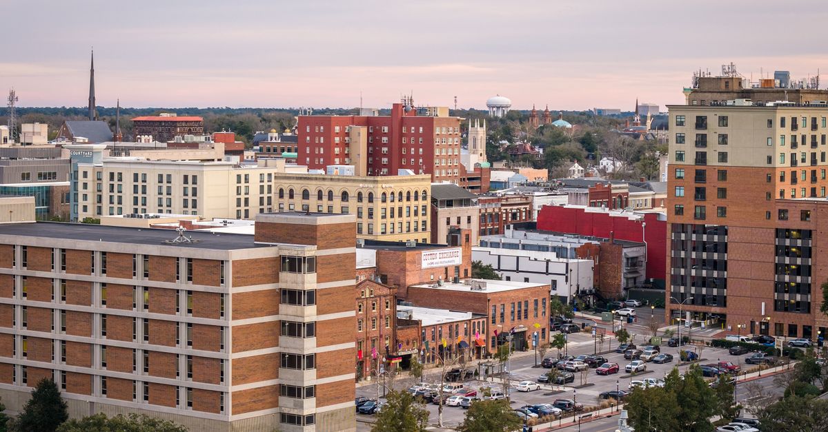 Aerial view of downtown Wilmington, North Carolina, showcasing urban architecture and skyline.