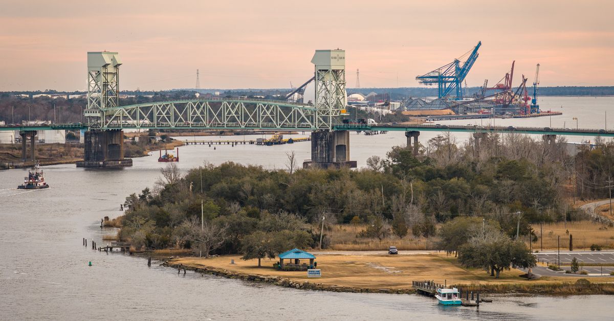 Scenic view of Cape Fear Memorial Bridge and surrounding areas in Wilmington, North Carolina.