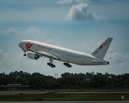 Commercial airplane from Red Wings taking off against a blue sky backdrop.