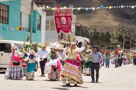 Vibrant cultural parade with traditional costumes in Caylloma, Arequipa, Peru.