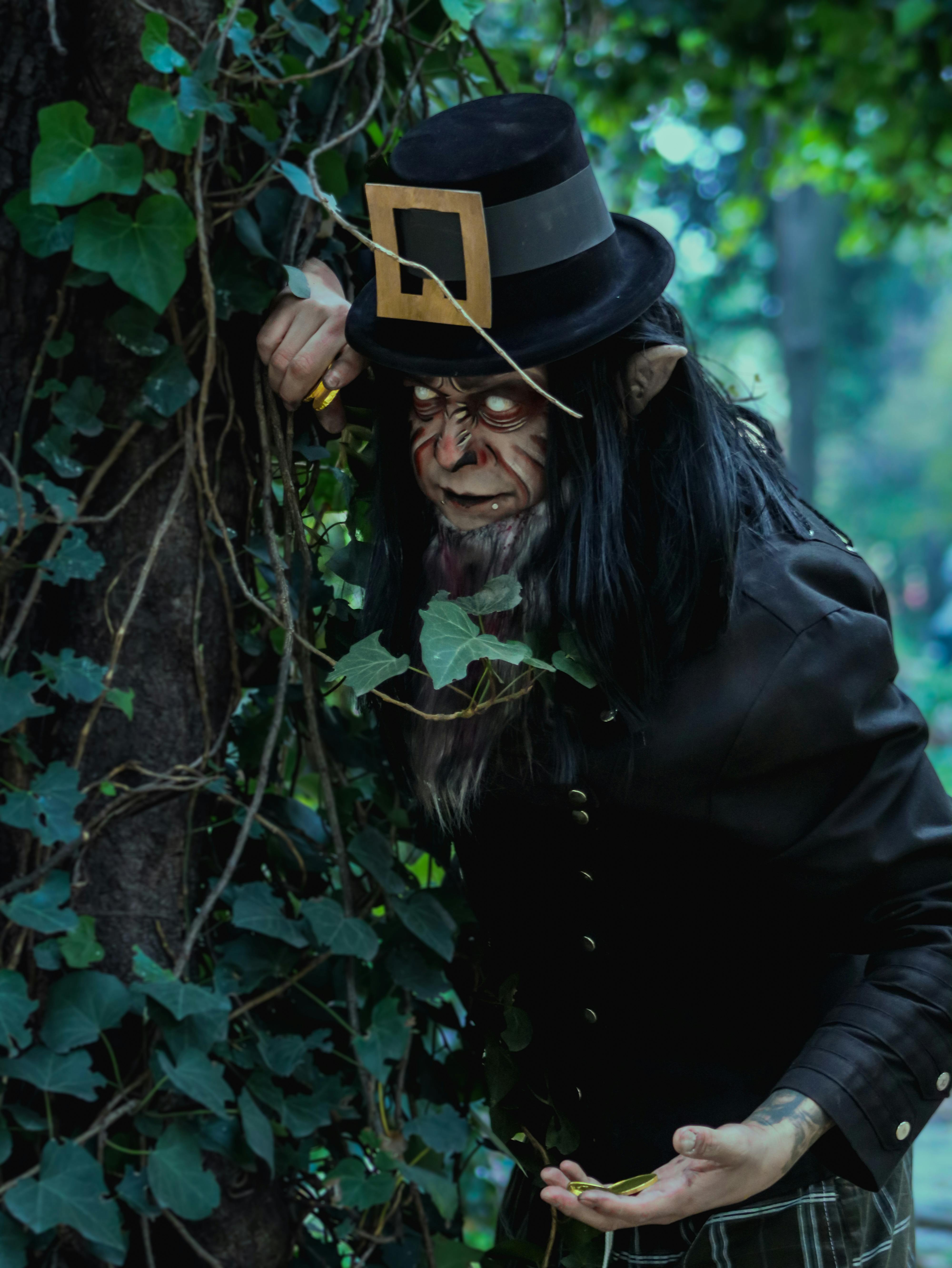 A realistic elf character gazes through lush greenery in an enchanting forest.