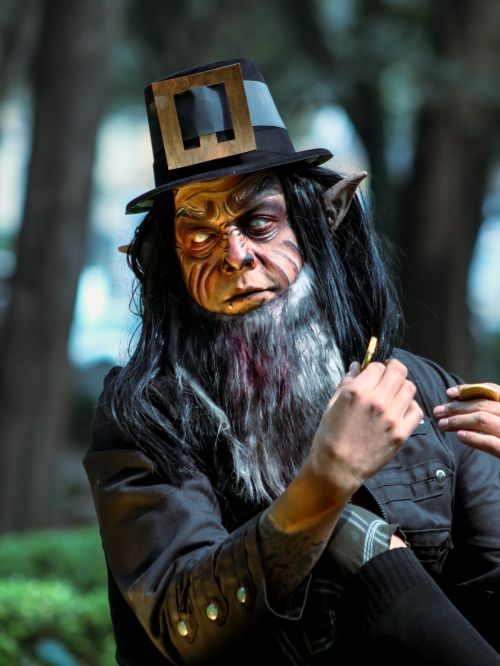Free A person dressed in a leprechaun-inspired fantasy costume with detailed makeup in an outdoor park setting. Stock Photo