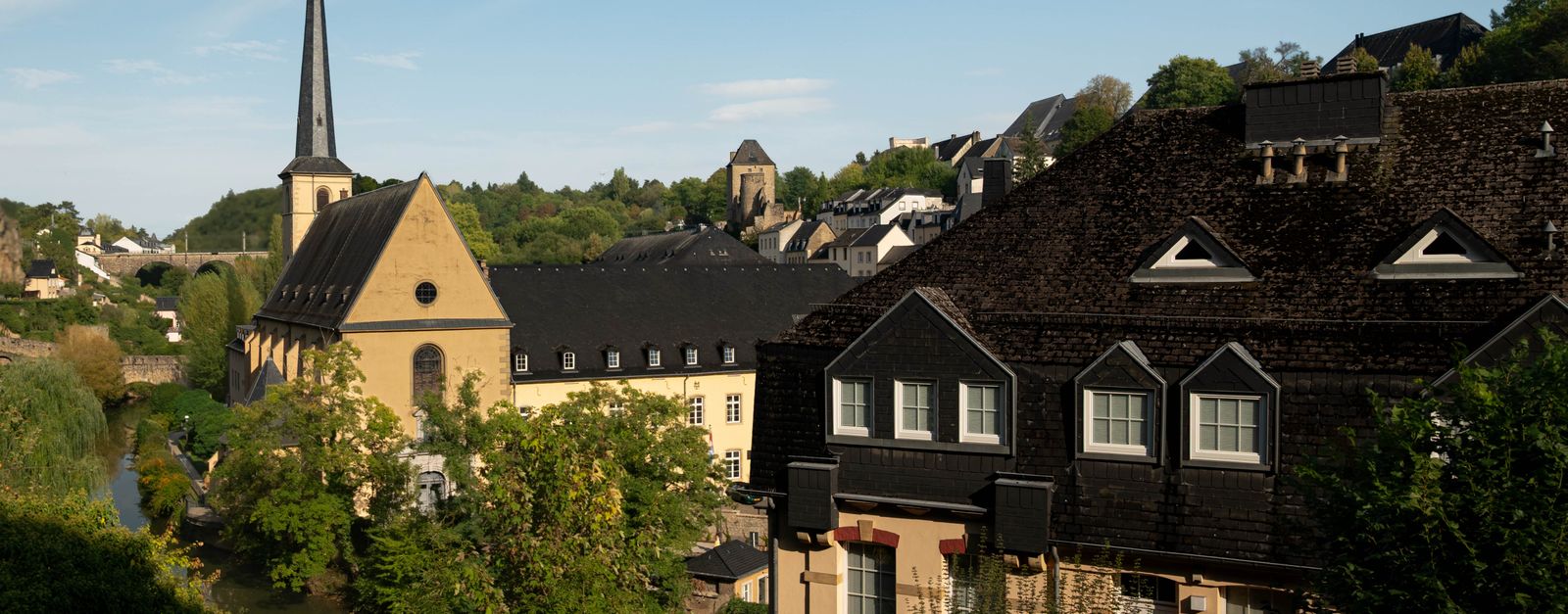 A picturesque view of Luxembourg City featuring historic architecture and lush greenery under a clear blue sky.