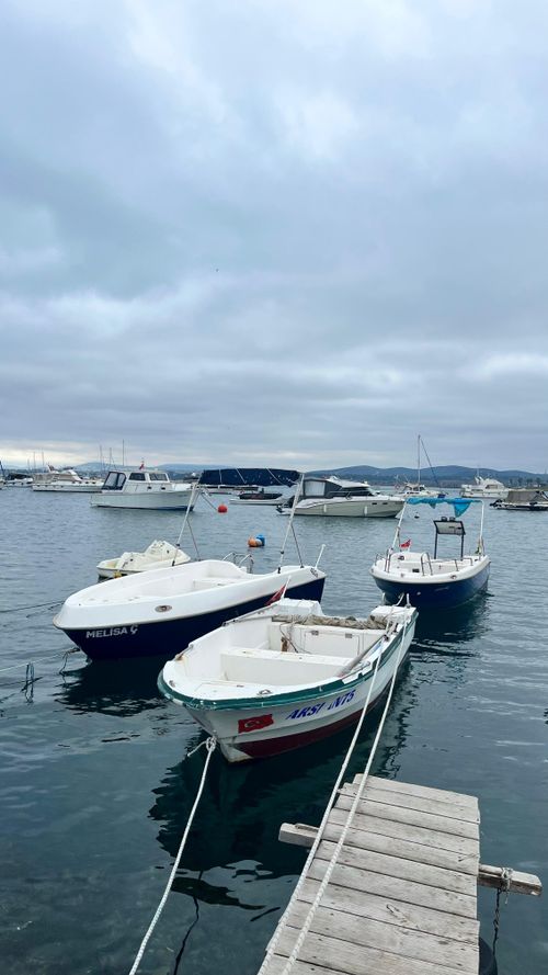 Free A tranquil view of boats moored at a dock, under a cloudy sky. Stock Photo