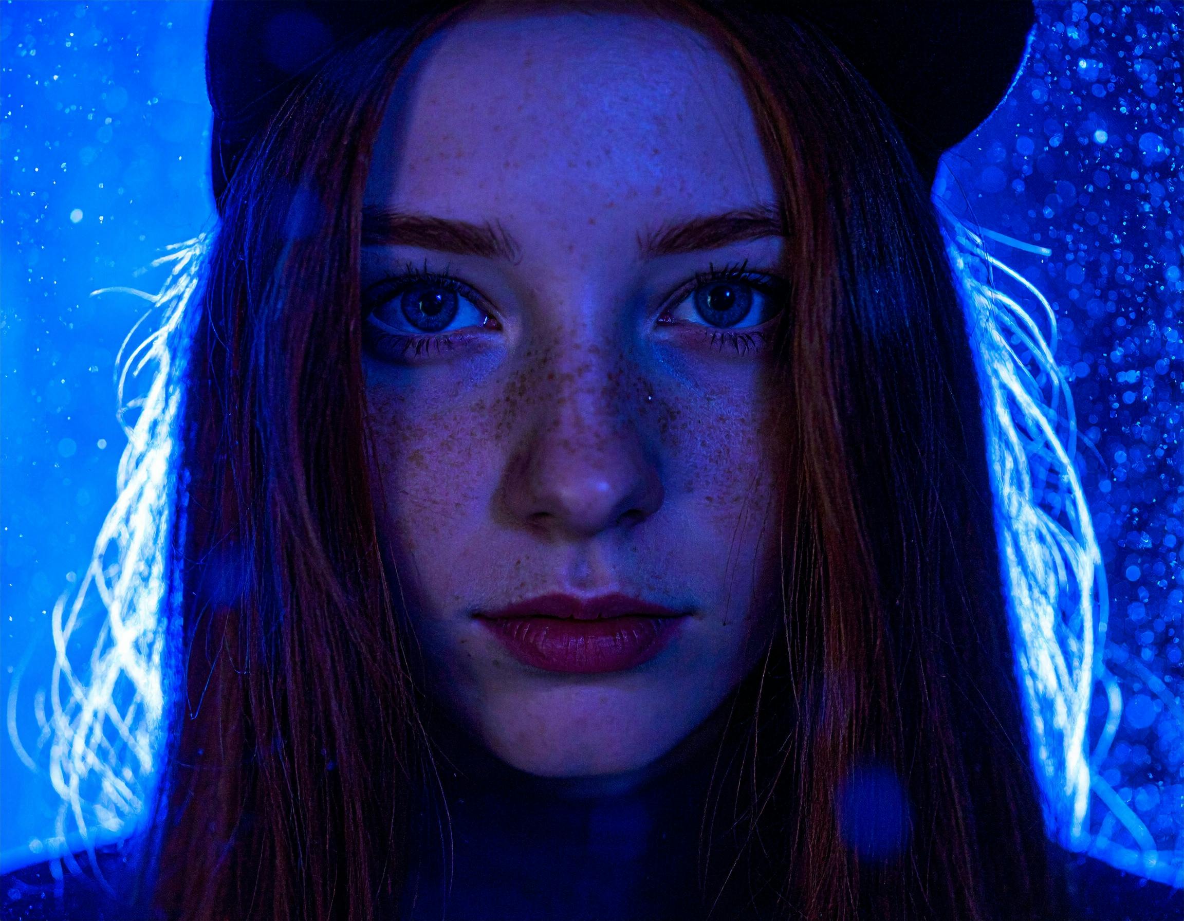 De franc Retrat artístic vibrant d'una dona jove amb pigues, il·luminat per llum blava a Poznań. Foto d'estoc