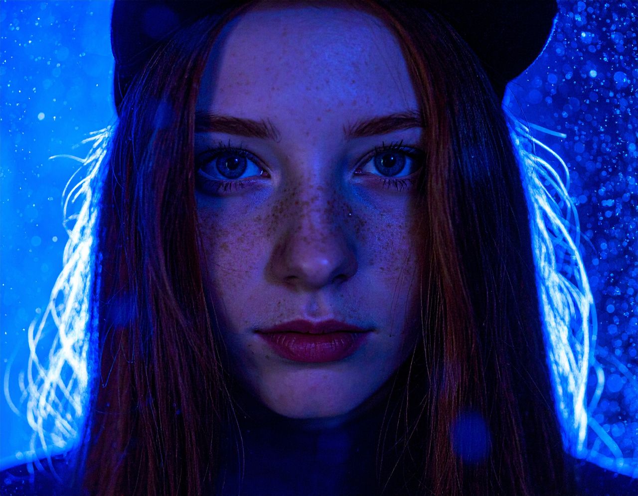 vibrant artistic portrait of a young woman with freckles illuminated b