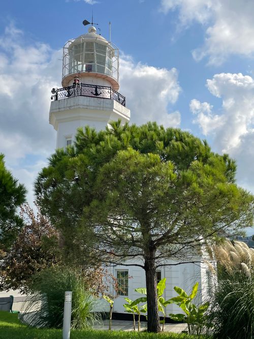 Free A picturesque white lighthouse surrounded by lush green trees and blue sky. Stock Photo