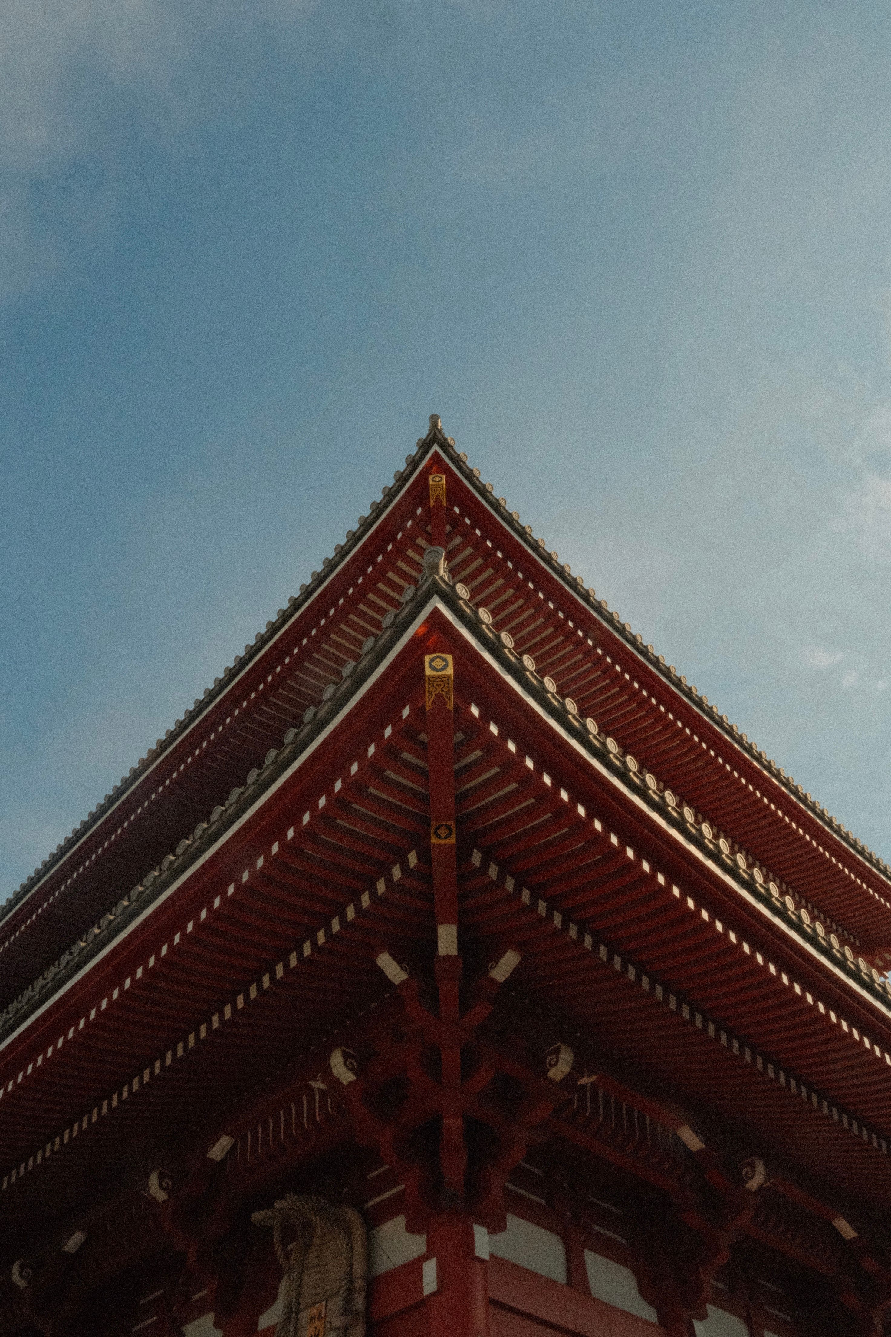 Kostenlos Detailansicht des Daches des Senso-ji-Tempels in Taito City, Tokio, mit klassischer japanischer Architektur unter klarem Himmel. Stock-Foto